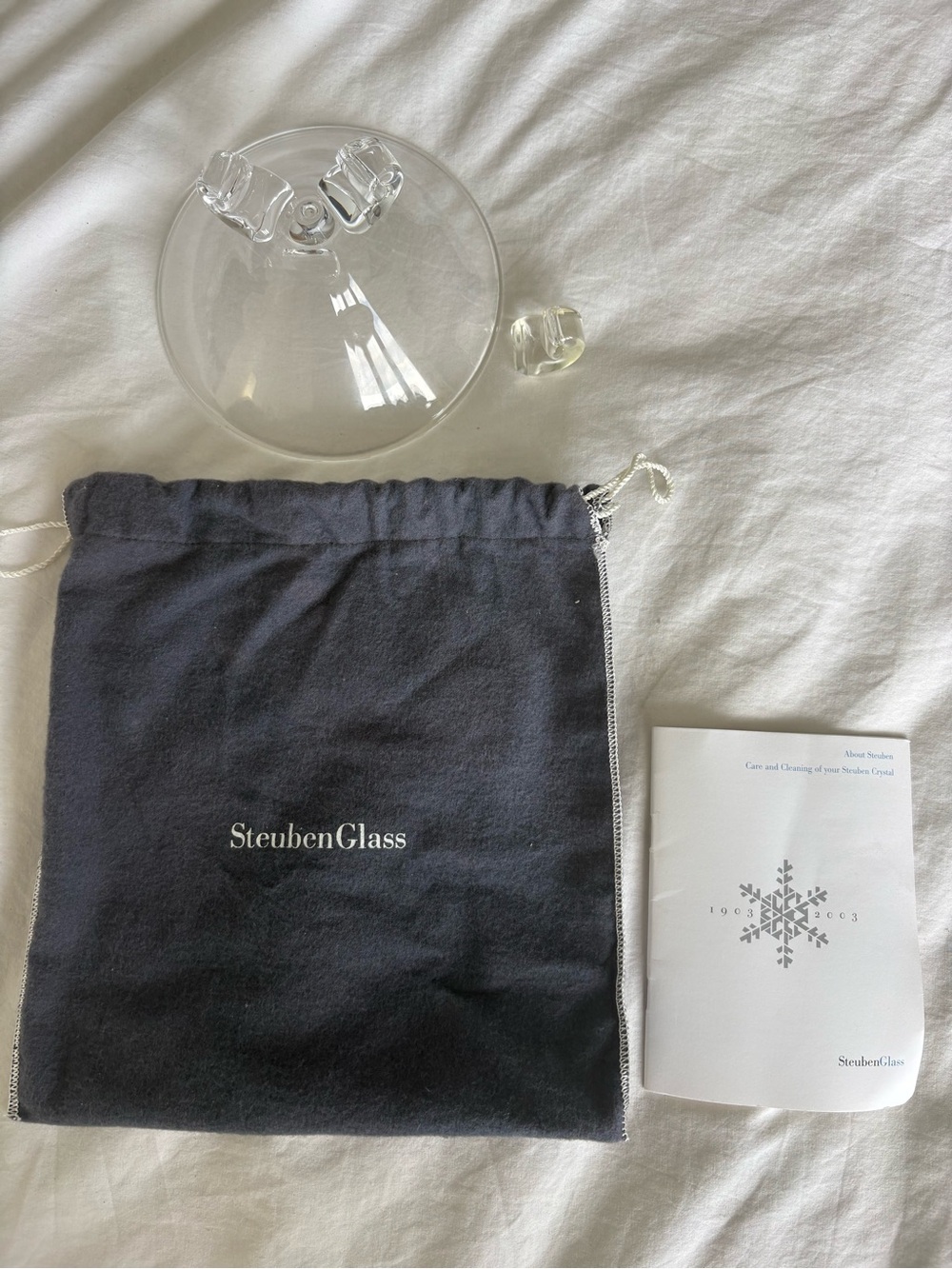 Steuben Crystal 3-Footed Low Bowl Dish 6" AS IS Broken Scroll Foot Bag Booklet